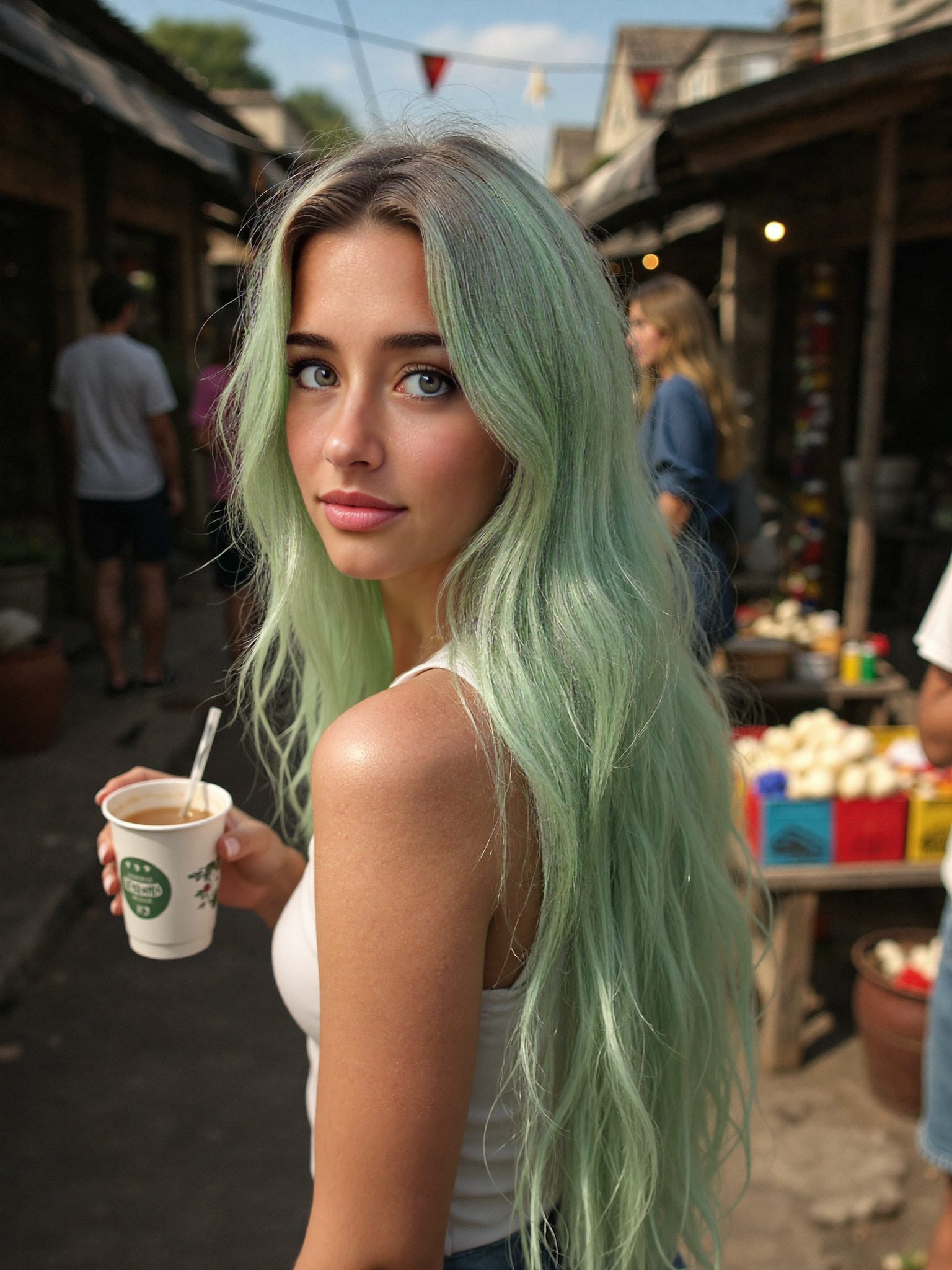 Nova Jade, candid, holding chai on a Mumbai street