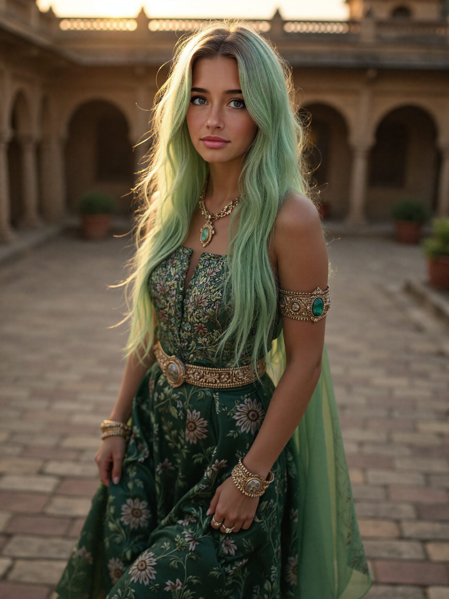 Nova Jade in a courtyard, golden hour, green lehenga