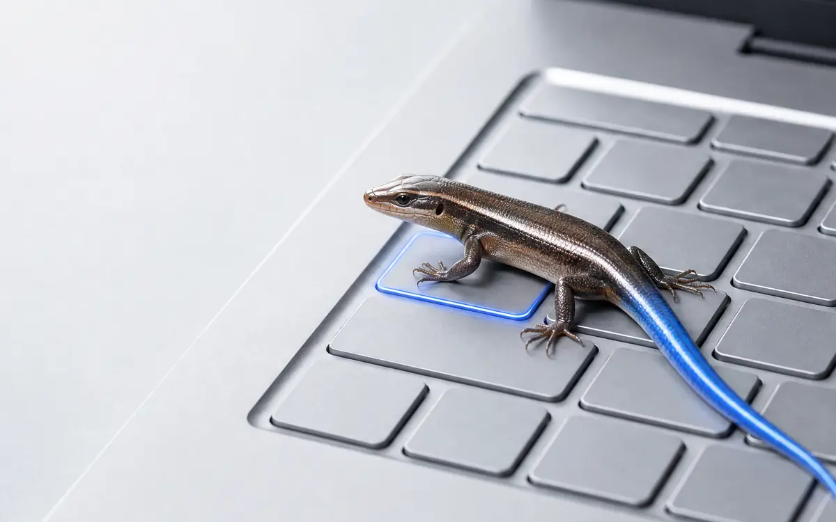 Een skink op een lichtgrijs laptoptoetsenbord, van dichtbij