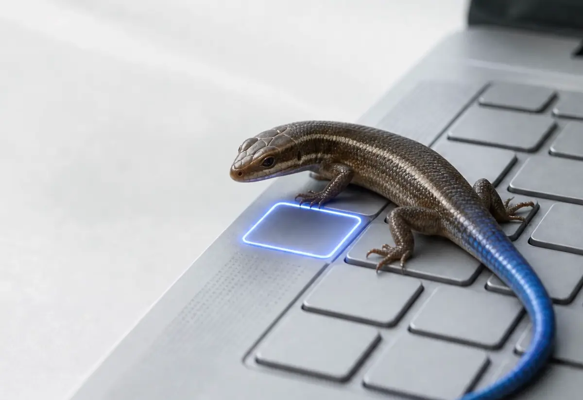 Een skink op een laptoptoetsenbord, een toets licht blauw op
